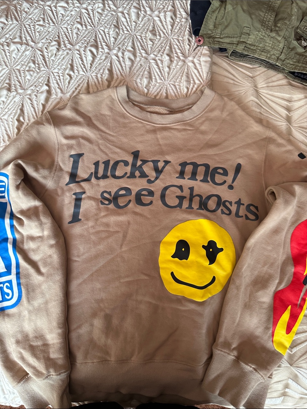 Graphic Crewneck Sweatshirt - Beige with Yellow Smiley